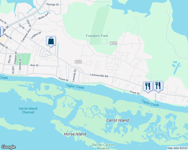 map of restaurants, bars, coffee shops, grocery stores, and more near 1901 Lennoxville Road in Beaufort