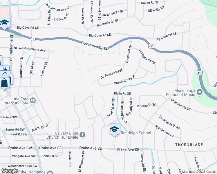 map of restaurants, bars, coffee shops, grocery stores, and more near 2319 Woodcliff Road Southeast in Huntsville