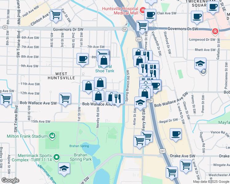 map of restaurants, bars, coffee shops, grocery stores, and more near 2601 Roanoke Street in Huntsville