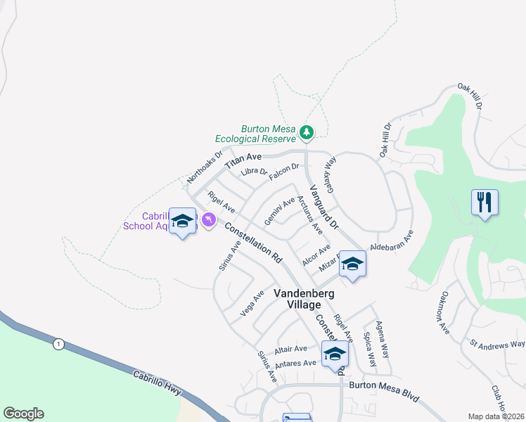 map of restaurants, bars, coffee shops, grocery stores, and more near 143 Gemini Avenue in Lompoc