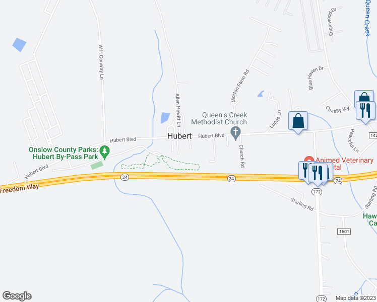 map of restaurants, bars, coffee shops, grocery stores, and more near 274 Hubert Boulevard in Hubert