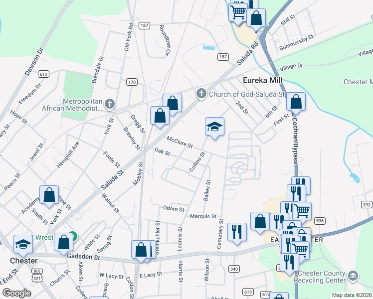 map of restaurants, bars, coffee shops, grocery stores, and more near 124 McClure Street in Chester