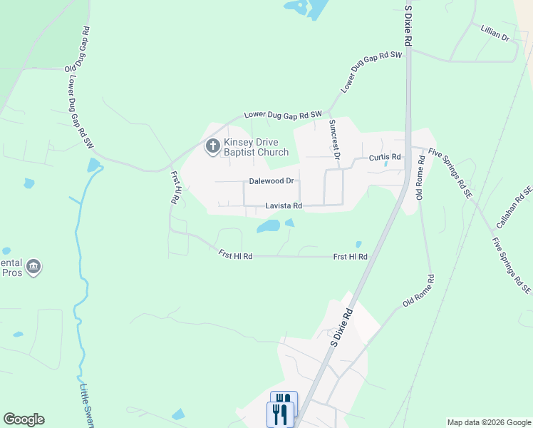 map of restaurants, bars, coffee shops, grocery stores, and more near 509 Lavista Road in Dalton
