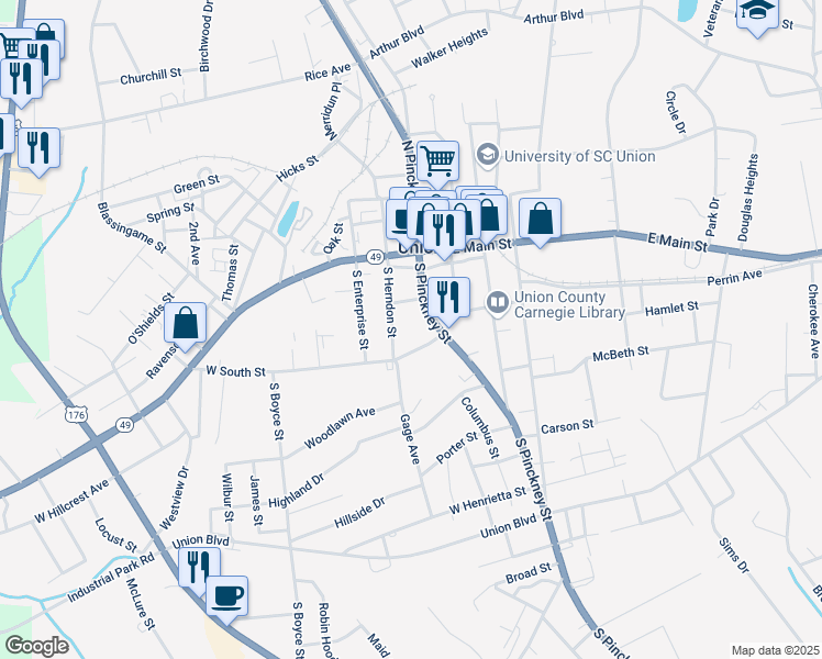 map of restaurants, bars, coffee shops, grocery stores, and more near 300-378 South Pinckney Street in Union