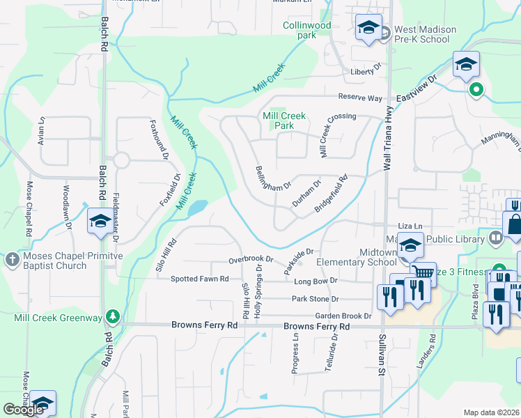 map of restaurants, bars, coffee shops, grocery stores, and more near 143 Bridgefield Road in Madison