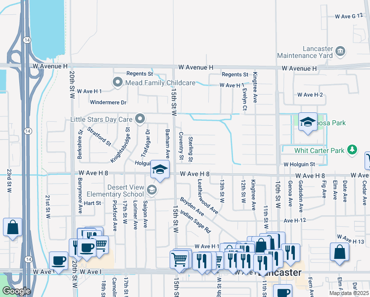 map of restaurants, bars, coffee shops, grocery stores, and more near 45636 Coventry Ct. in Lancaster