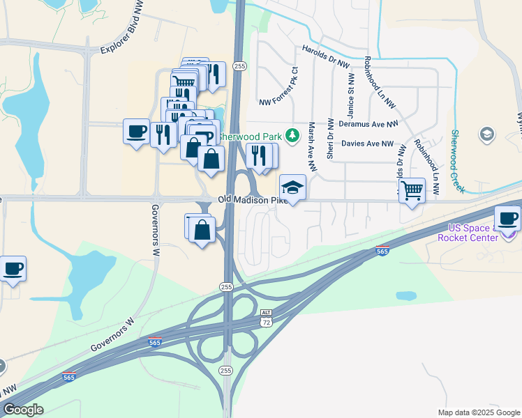 map of restaurants, bars, coffee shops, grocery stores, and more near Exchange Place Northwest in Huntsville