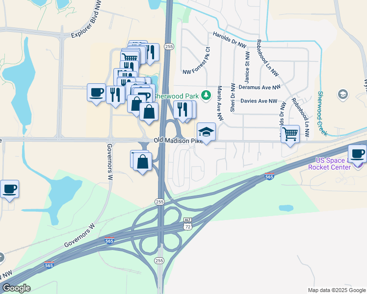 map of restaurants, bars, coffee shops, grocery stores, and more near Exchange Place Northwest in Huntsville