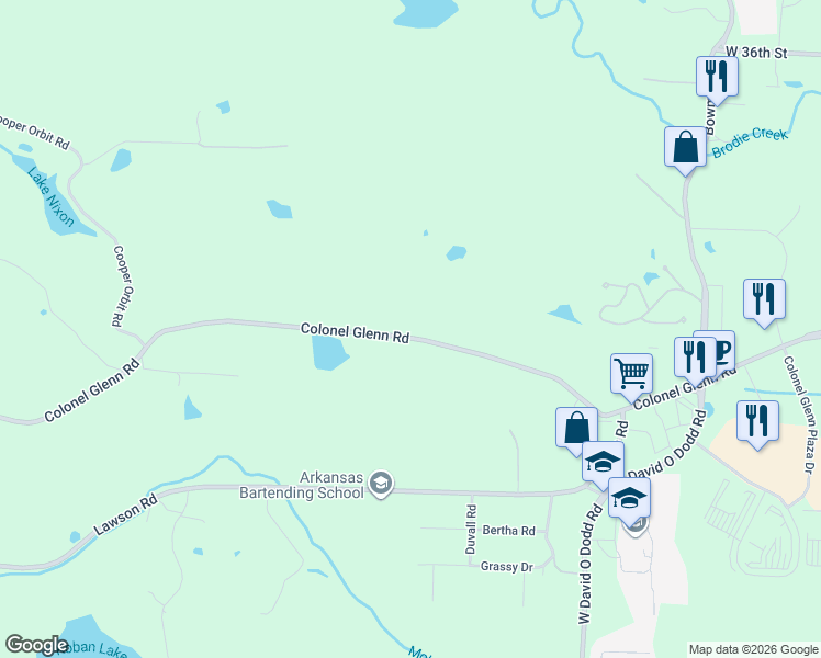 map of restaurants, bars, coffee shops, grocery stores, and more near 13224 Colonel Glenn Road in Little Rock
