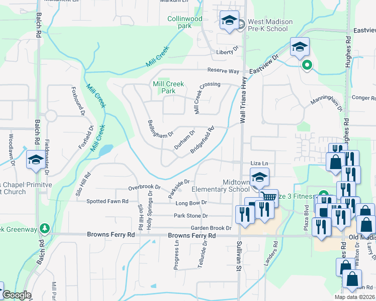 map of restaurants, bars, coffee shops, grocery stores, and more near 126 Bridgefield Road in Madison