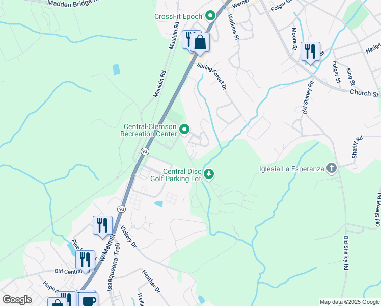map of restaurants, bars, coffee shops, grocery stores, and more near 235 Cross Creek Road in Central