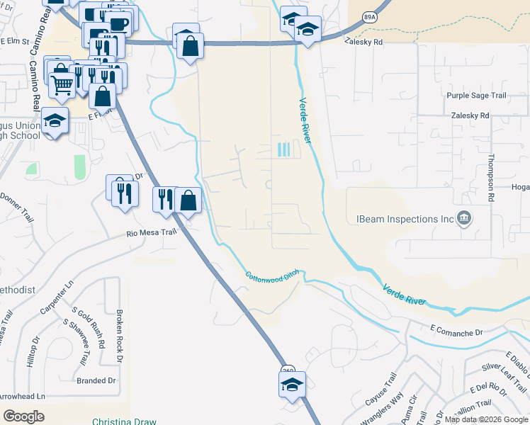 map of restaurants, bars, coffee shops, grocery stores, and more near 1465 South Tanager Lane in Cottonwood