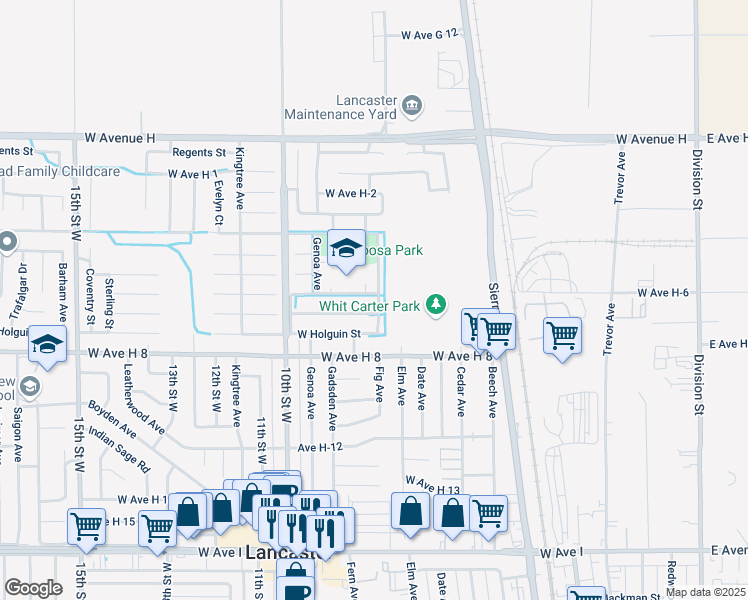 map of restaurants, bars, coffee shops, grocery stores, and more near 702 West Avenue H-6 in Lancaster