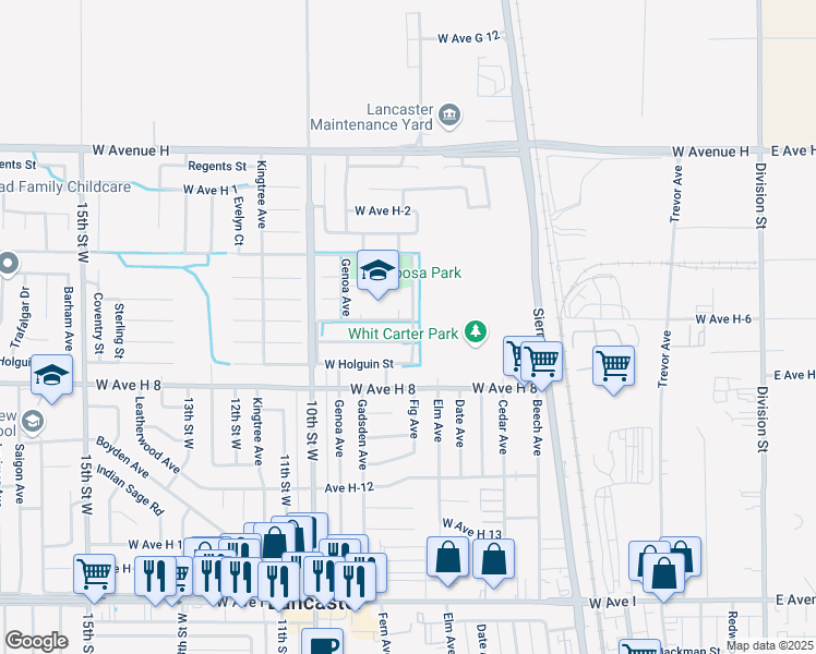 map of restaurants, bars, coffee shops, grocery stores, and more near 702 West Avenue H-6 in Lancaster