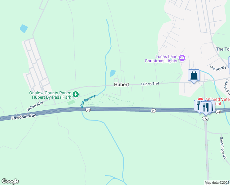 map of restaurants, bars, coffee shops, grocery stores, and more near 262 Hubert Boulevard in Hubert