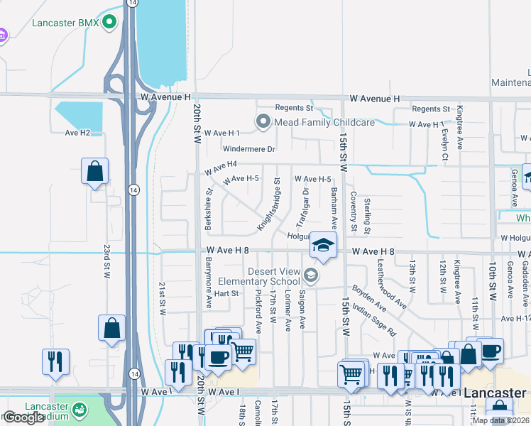 map of restaurants, bars, coffee shops, grocery stores, and more near 45641 Knightsbridge Street in Lancaster