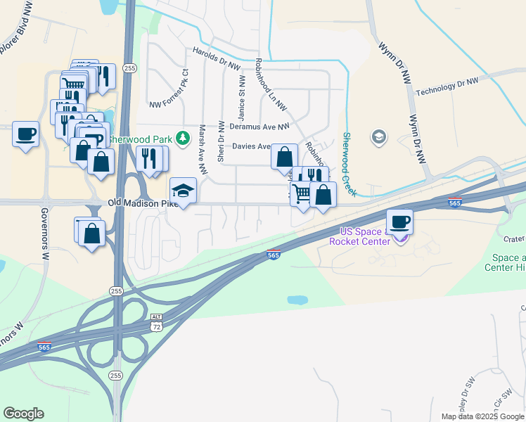 map of restaurants, bars, coffee shops, grocery stores, and more near 6313 Old Madison Pike in Huntsville