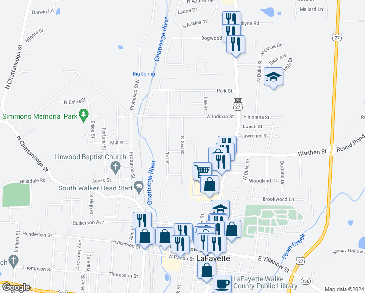 map of restaurants, bars, coffee shops, grocery stores, and more near 509 North 2nd Street in LaFayette