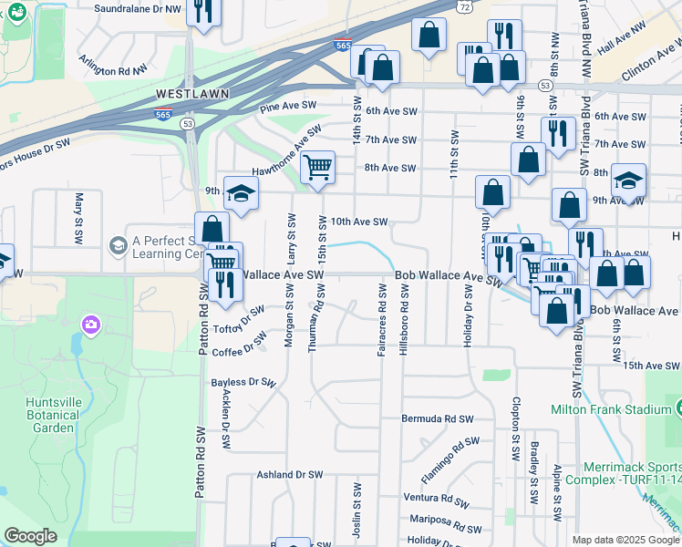 map of restaurants, bars, coffee shops, grocery stores, and more near 3810 Bob Wallace Avenue Southwest in Huntsville