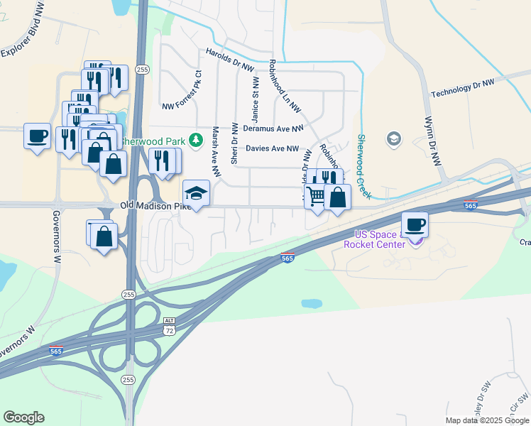 map of restaurants, bars, coffee shops, grocery stores, and more near 6315 Old Madison Pike in Huntsville