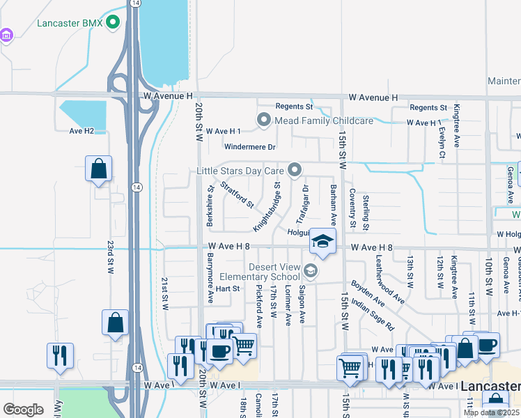 map of restaurants, bars, coffee shops, grocery stores, and more near 45456 Victoria Avenue in Lancaster