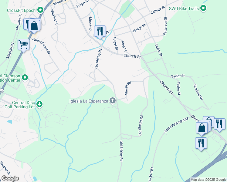 map of restaurants, bars, coffee shops, grocery stores, and more near 346 Old Shirley Road in Central