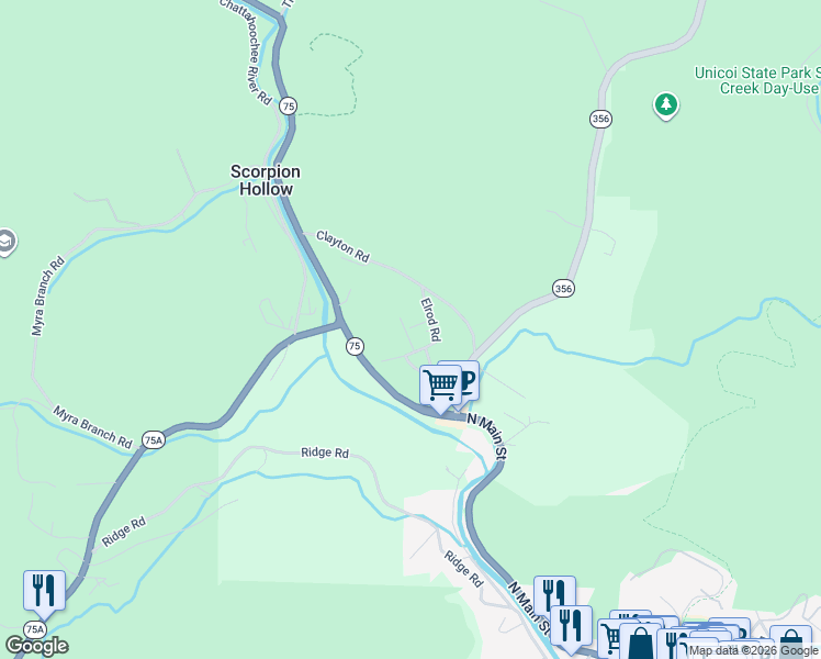 map of restaurants, bars, coffee shops, grocery stores, and more near 56 Summit Way in Helen