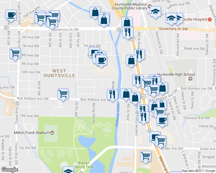 map of restaurants, bars, coffee shops, grocery stores, and more near 2610 Mirabeau Drive in Huntsville