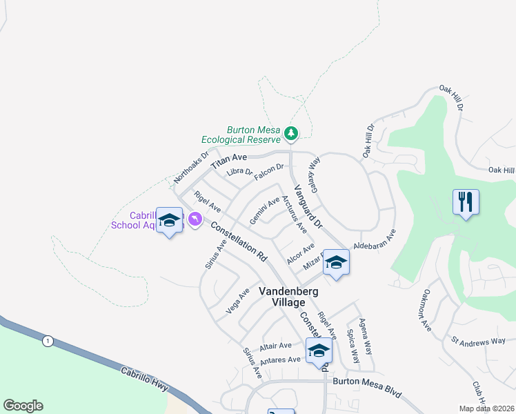 map of restaurants, bars, coffee shops, grocery stores, and more near 143 Gemini Avenue in Lompoc