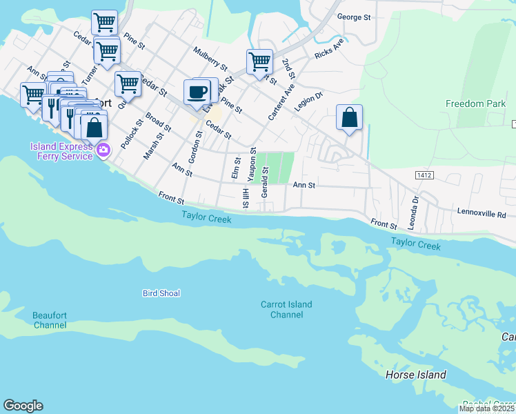 map of restaurants, bars, coffee shops, grocery stores, and more near 1209 Front Street in Beaufort