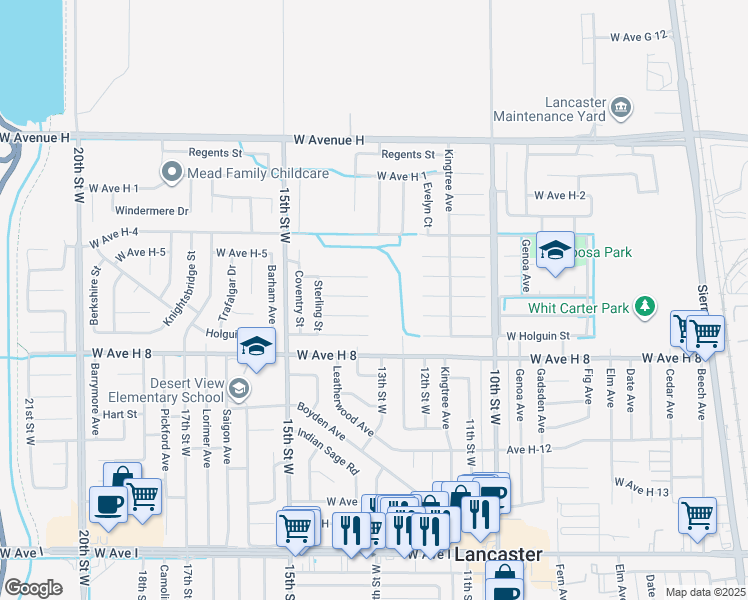 map of restaurants, bars, coffee shops, grocery stores, and more near 1214 Valiant Street in Lancaster