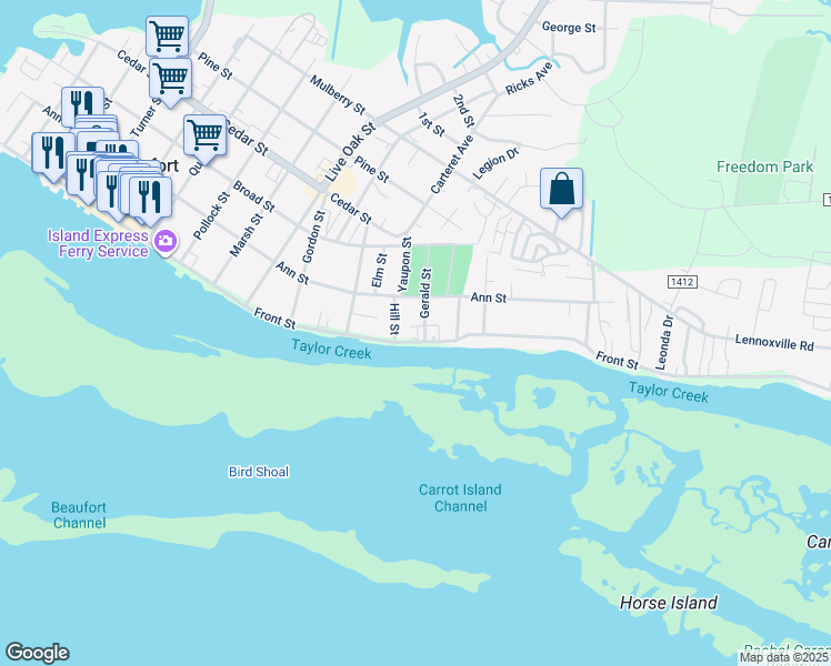 map of restaurants, bars, coffee shops, grocery stores, and more near 1209 Front Street in Beaufort