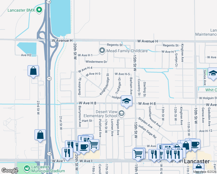 map of restaurants, bars, coffee shops, grocery stores, and more near 45654 Knightsbridge Street in Lancaster