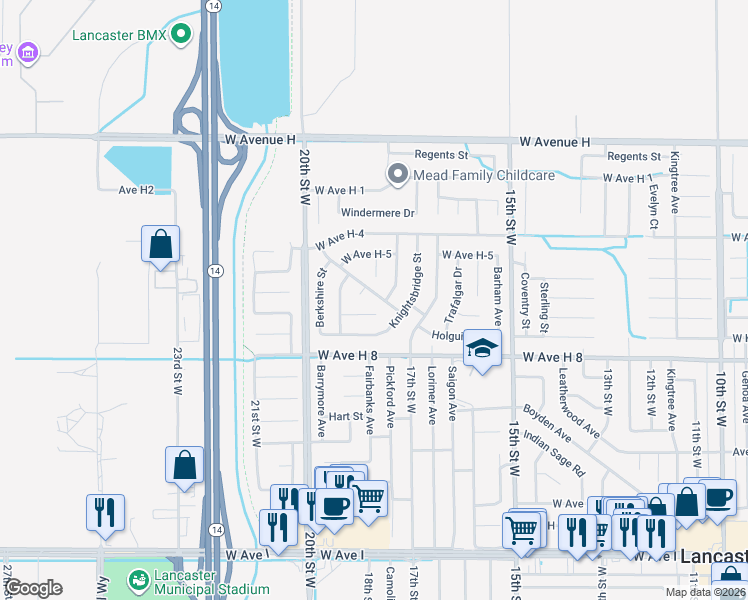 map of restaurants, bars, coffee shops, grocery stores, and more near 1752 Stratford Street in Lancaster