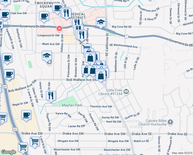 map of restaurants, bars, coffee shops, grocery stores, and more near 2346 Whitesburg Drive in Huntsville