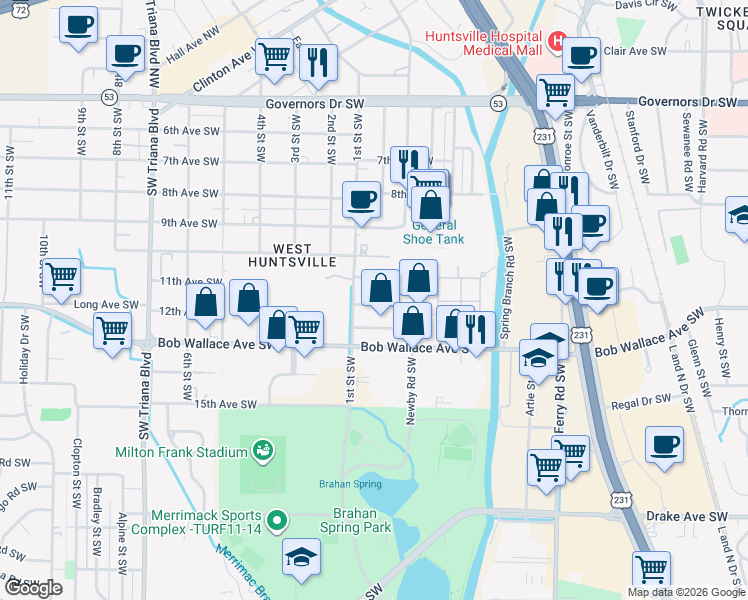 map of restaurants, bars, coffee shops, grocery stores, and more near 2516 Roland Road Southwest in Huntsville