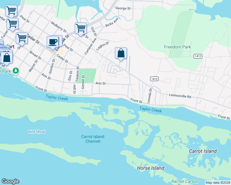 map of restaurants, bars, coffee shops, grocery stores, and more near 1527 Front Street in Beaufort