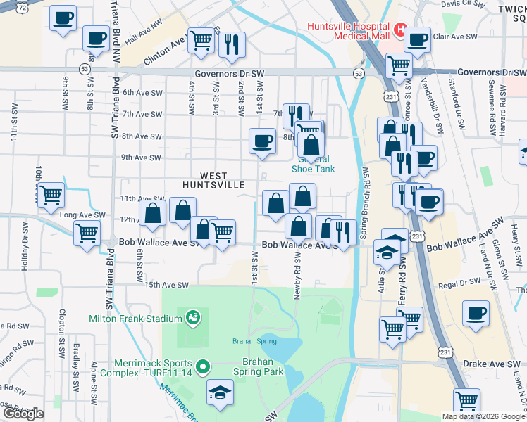 map of restaurants, bars, coffee shops, grocery stores, and more near 2516 Roland Road Southwest in Huntsville