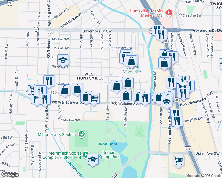 map of restaurants, bars, coffee shops, grocery stores, and more near 2516 Roland Road Southwest in Huntsville