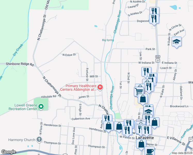 map of restaurants, bars, coffee shops, grocery stores, and more near 35 North Steel Street in LaFayette