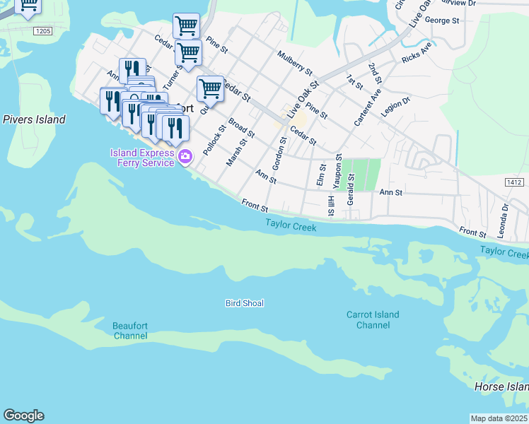map of restaurants, bars, coffee shops, grocery stores, and more near 1098 Front St in Beaufort