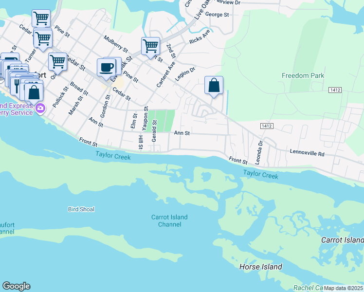 map of restaurants, bars, coffee shops, grocery stores, and more near 1501 Front Street in Beaufort