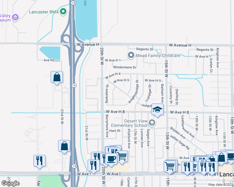 map of restaurants, bars, coffee shops, grocery stores, and more near 45715 Kaastad Court in Lancaster