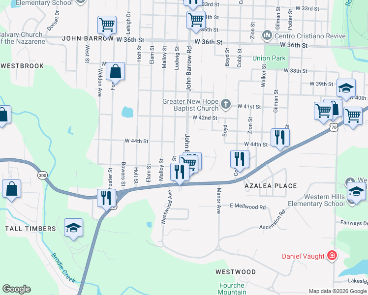 map of restaurants, bars, coffee shops, grocery stores, and more near 4401 John Barrow Road in Little Rock