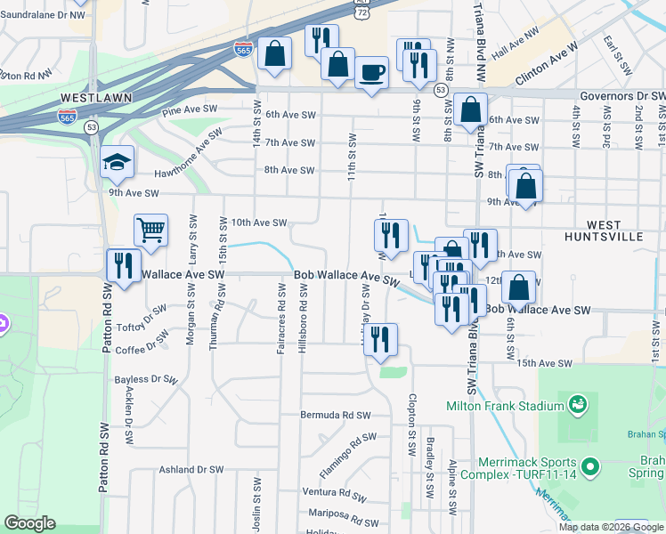 map of restaurants, bars, coffee shops, grocery stores, and more near 3500 Bob Wallace Avenue Southwest in Huntsville