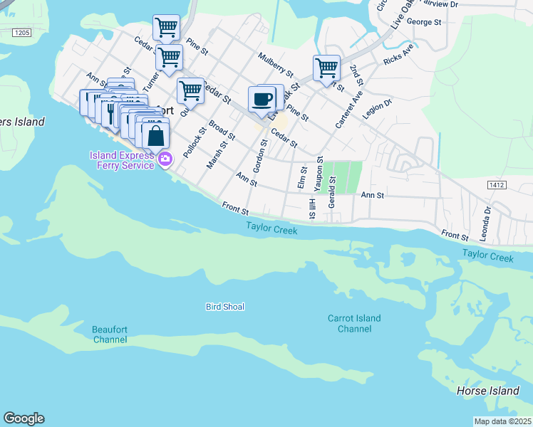 map of restaurants, bars, coffee shops, grocery stores, and more near 1000-1098 Front Street in Beaufort