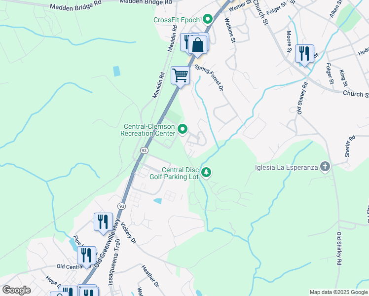map of restaurants, bars, coffee shops, grocery stores, and more near 235 Cross Creek Road in Central