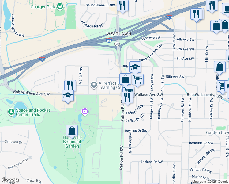 map of restaurants, bars, coffee shops, grocery stores, and more near 2222 Wind Trace Circle Southwest in Huntsville