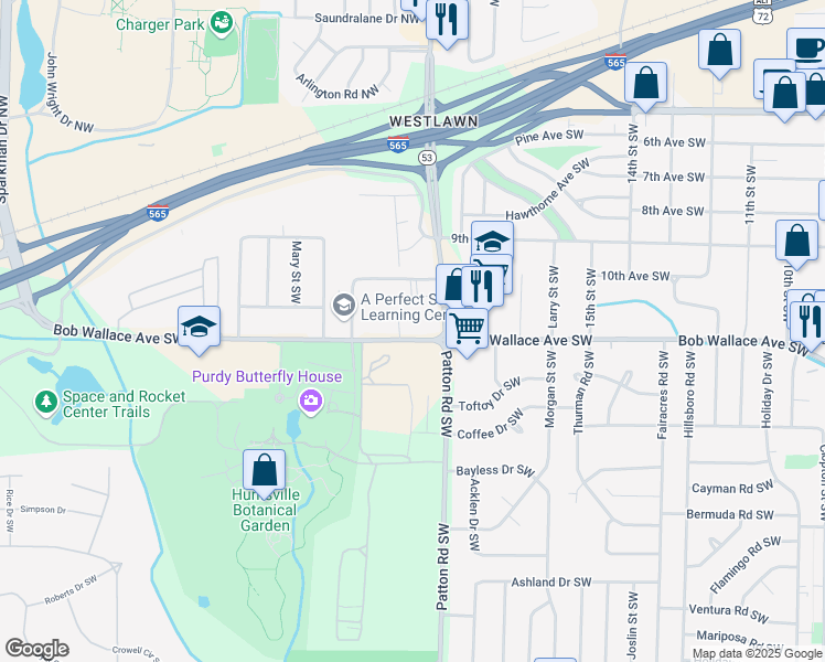 map of restaurants, bars, coffee shops, grocery stores, and more near 2222 Wind Trace Circle Southwest in Huntsville