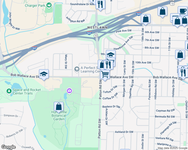 map of restaurants, bars, coffee shops, grocery stores, and more near 2222 Wind Trace Circle Southwest in Huntsville